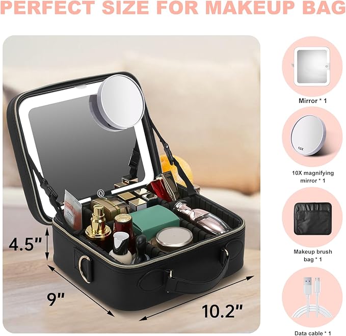 Mocado Travel Makeup Bag with LED Lighted Mirror,Travel Makeup Organizer,Makeup Case with 3 Color Lighted Setting and 10x Magnifying Mirror,Portable Storage and Adjustable Dividers Makeup Box(Black)
