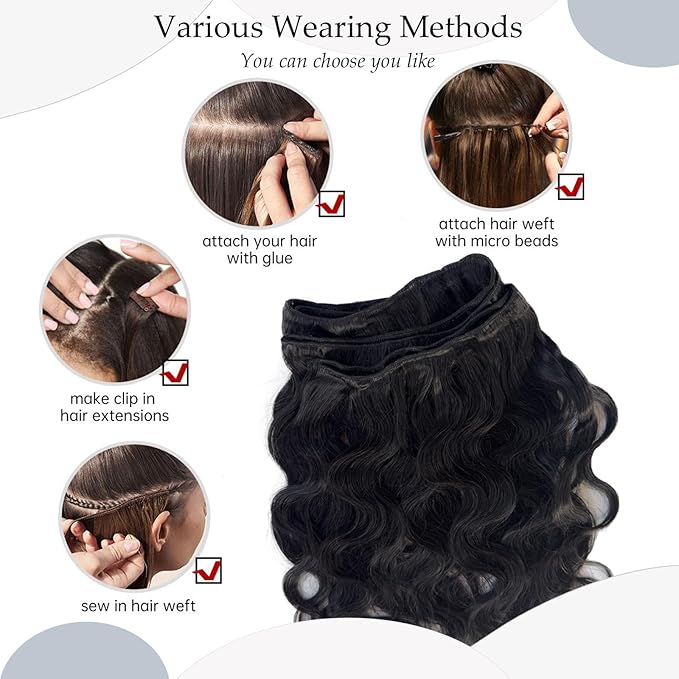 Sew in Bundles Hunan Hair Weft Extensions 12 Inch Body Wave Natural Black Hair Extensions Real Human Hair Wefts Sew in 80G Hand Tied Weft Hair Extension Human Hair Bundles Weave Extensions for Women