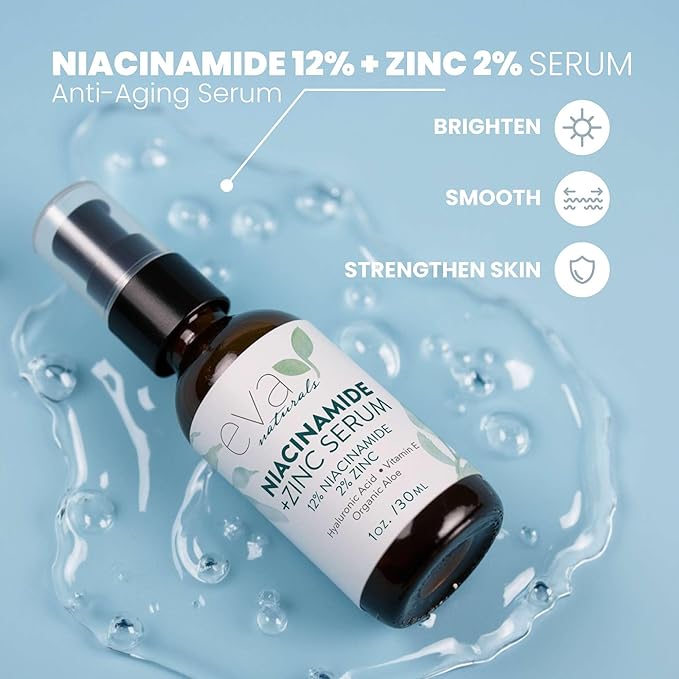 Eva Naturals Niacinamide Serum for Face with Zinc PCA & Botanical Hyaluronic Acid – Pore Minimizer, Dark Spot & Redness Relief, Skin Tone & Texture Support – Lightweight Cream Alternative (1 oz)