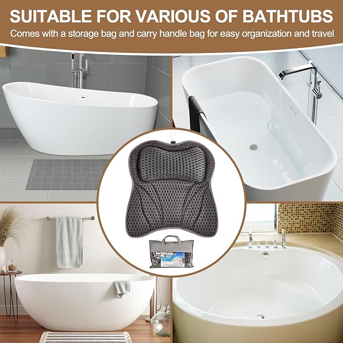 Bath Pillow for Tub, Bathtub Pillow for Head, Neck, Shoulder Back Support, Ergonomic Luxury Full Body BathPillow for Bathtub, 6 Strong Suction Cups and Hook, Spa, Bathroom Accessories,