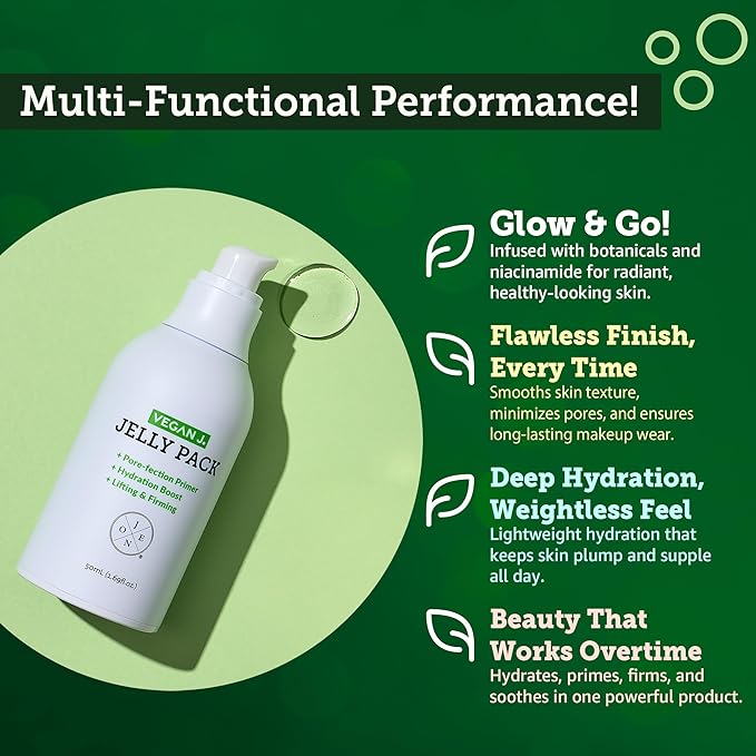 Vegan J Jelly Pack Multi-Use Primer Gel | Niacinamide, Firming, Hydrating | Vegan K-Beauty | Pore-Perfecting, Lifting & Smoothing | Makeup-Ready Skincare (50ml)
