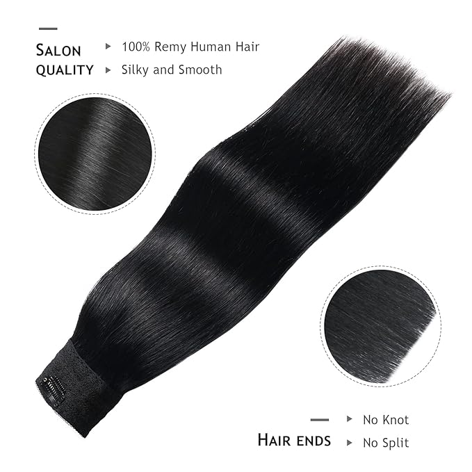 YILITE Wire Hair Extensions Human Hair, 100% Remy Human Hair, Jet Black 18 Inch 95g Hairpiece, Invisible Natural Straight with Transparent Line and 4 Clips