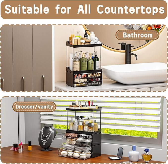 3 Pack Bathroom Organizers and Storage Countertop With 7 Drawers,Stackable Vanity Drawer Organizer for Makeup,18.9" Tall Large Capacity Skincare Organizer and Exquisite Makeup Organizer,Black