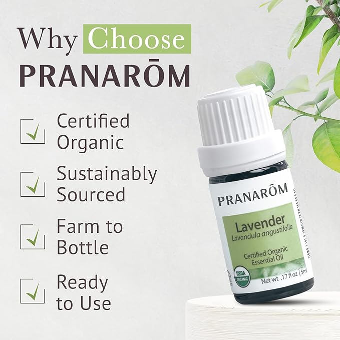 Pranarom USDA Certified Organic Lavender Essential Oil (5ml), 100% Pure Undiluted Therapeutic Grade from French Alps for Aromatherapy, Diffuser, Healthy Skin & Hair, Massage, Relaxation