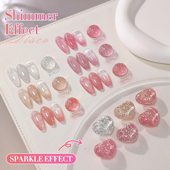 Double Rhythm 0.5 Oz Glitter Gel Polish Set of 6 Color with Display Board 15 ml Full Size Kit Shimmer Reflective Sparkle Soak Off Manicure Salon DIY at Home (Silver Nude Rose Coral Pink-T6-39)