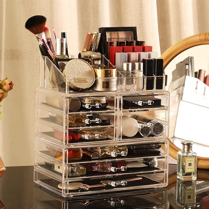 Cq Acrylic 3 Pack Clear Make Up Organizers - Stackable 8 Drawer Organizer for Vanity, Desk, Jewelry, Beauty & Skincare Products