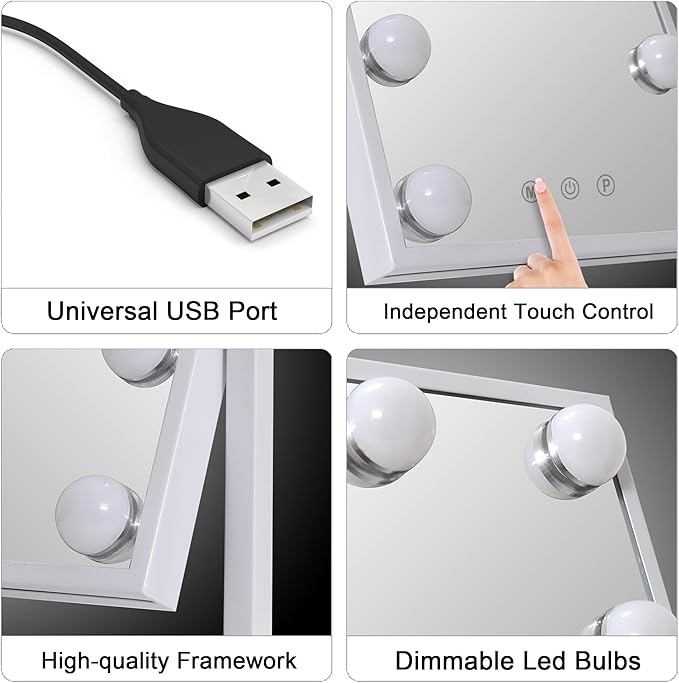 10" x 12" Vanity Mirror with Lights, 360°Rotation Tabletop Makeup Mirror with 9 LED Lights Bulbs, Portable Travel Mirror with 3 Color Lighting Modes, Mirror with Lights for Bedroom, White