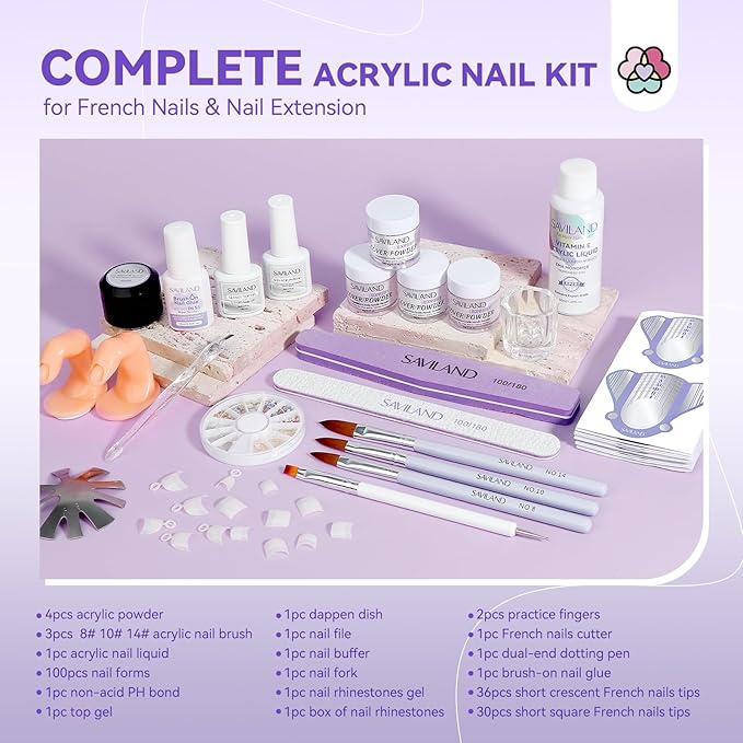 SAVILAND French Acrylic Nail Kit: Beginner Nail Kit Acrylic Set Easy to Use Acrylic Powder and Liquid Set with Half Cover Nail Tips Acrylic Nail Brushes Nail Tools for DIY French Manucure Kit