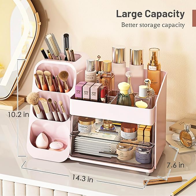 Aveniee Makeup Organizer with Drawers, Vanity Organizer for Bathroom Countertop, Large Cosmetics Skincare Display Case Desk Storage for Perfume Jewelry Lipsticks (Pink)