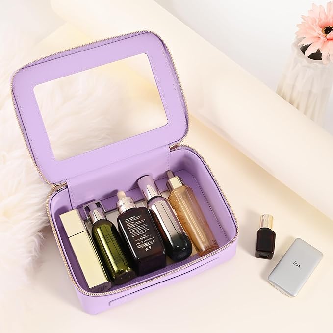 Aveniee Clear Makeup Bag for Women, Cosmetic Bags Skincare Toiletry Bag, Heavy Duty Makeup Organizer, Makeup Train Case with Clear Windows & Gold Zippers(Lilac)
