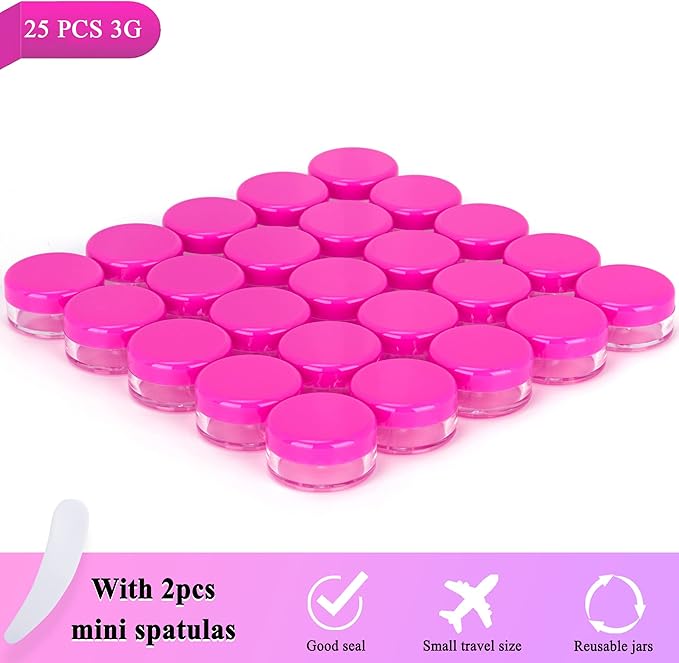 25PCS 3 Gram Sample Containers, 3ml Empty Jars with Lids, Small Cosmetic Containers, Mini Sample Jars with 2PCS Mini Spatulas for Make Up, Oils, Lotion, Powder, Paint, Jewelry, Lip Balms(Pink Lid)