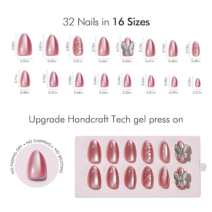 VSALON Short Almond Press-On Nails - Pink Cat Eye 3D Chrome Design, Reusable Fake Nails with Nail Glue, Protector Cuticle Oil, Easy Tabs & Mini Nail File - 32 PCS in 16 Sizes (Belle Ailes)