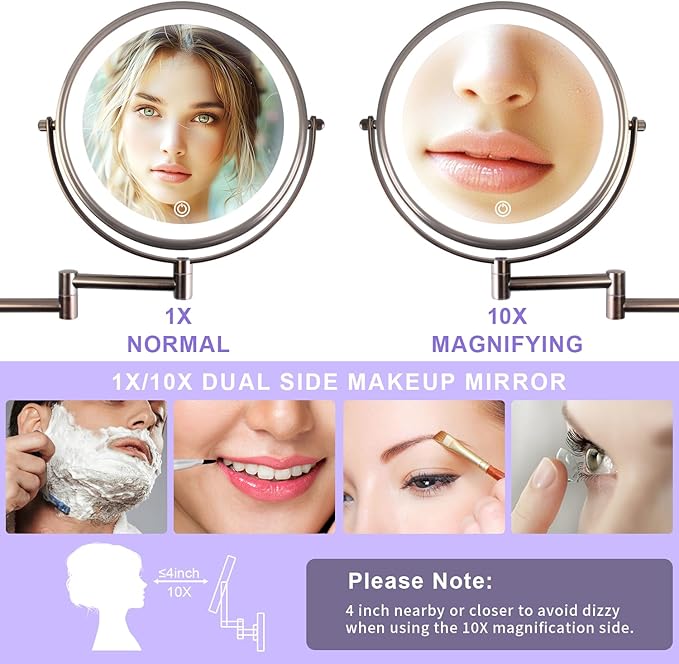 JANEEVA 8 inch Wall Mounted Lighted Makeup Mirror, Rechargeable Double Sided 1X/10X Magnifying Mirror with 3 Color Lights, Touch Dimming Vanity Mirror for Bathroom,Oil Rubbed Bronze