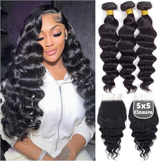 12A Human Hair 3 Bundles with 5x5 HD Lace Closure (16 18 20 +16) 100% Unprocessed Brazilian Virgin Remy Hair Loose Wave Human Hair Bundles with Closure Natural Color