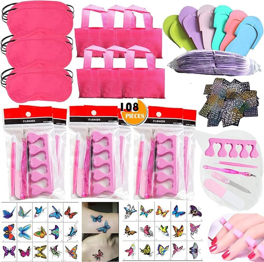 108PC Spa Party Favors Supplies for Girls, Multiple Spa Birthday Prize Item- Spa Pedicure Slipper Tote Bag Mini Emery Board Toe Separator Body Flower Mixed Nail Decal Set, Perfect Gift for Spa Day
