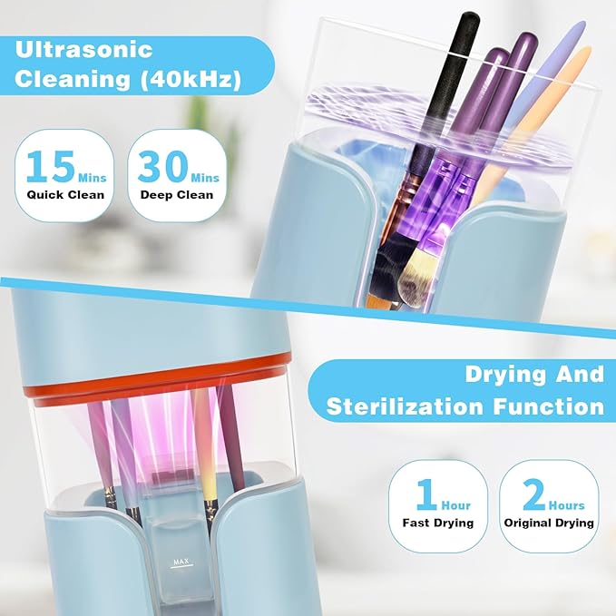 2 In 1 Electric Makeup Brush Cleaner Ultrasonic Cleaner Machine With 95โ Hot Air Cycle Dryer - Ultra Fast Effective Make Up Brush Washer (Blue)
