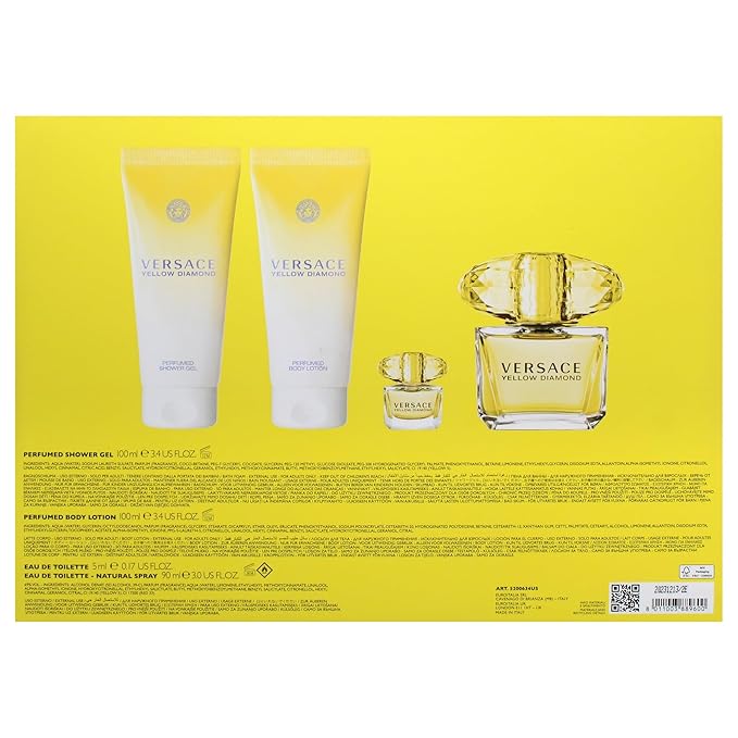 Versace Versace Yellow Diamond 3oz EDT Spray, 3.4oz Shower Gel, 3.4oz Body Lotion, 5ml EDT Rollerball Mini Women 4 Pc Gift Set
