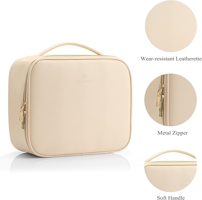Vlando Toiletry Bag, Large Wash Bag, Travel Cosmetic Make-up Bag, Multi-compartment with Dividers for Cosmetics Makeup Brushes Toiletry Jewelry Accessories, Beige