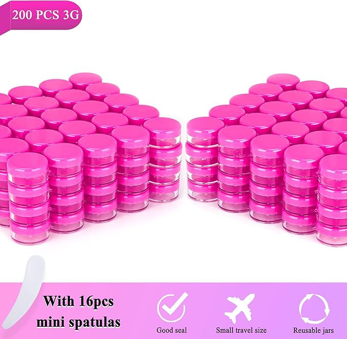 200PCS 3 Gram Sample Containers, 3ml Empty Jars with Lids, Small Cosmetic Containers, Mini Sample Jars with 16PCS Mini Spatulas for Make Up, Oils, Lotion, Powder, Paint, Jewelry, Lip Balms(Pink Lid)