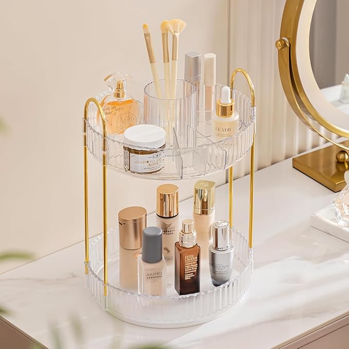 HBlife 360 Rotating Makeup Organizer, 2 Tier Perfume Organizer Skincare Organizer Large Capacity Cosmetic Storage for Bathroom, Vanity, Countertop, Clear