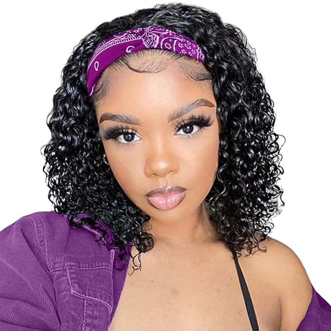JCL Headband Wig Human Hair Deep Wave Headband Wigs Wig 12 Inch Glueless Wigs Human Hair Natural Color Curly Wigs for Black Women Human Hair None Lace Front Wigs