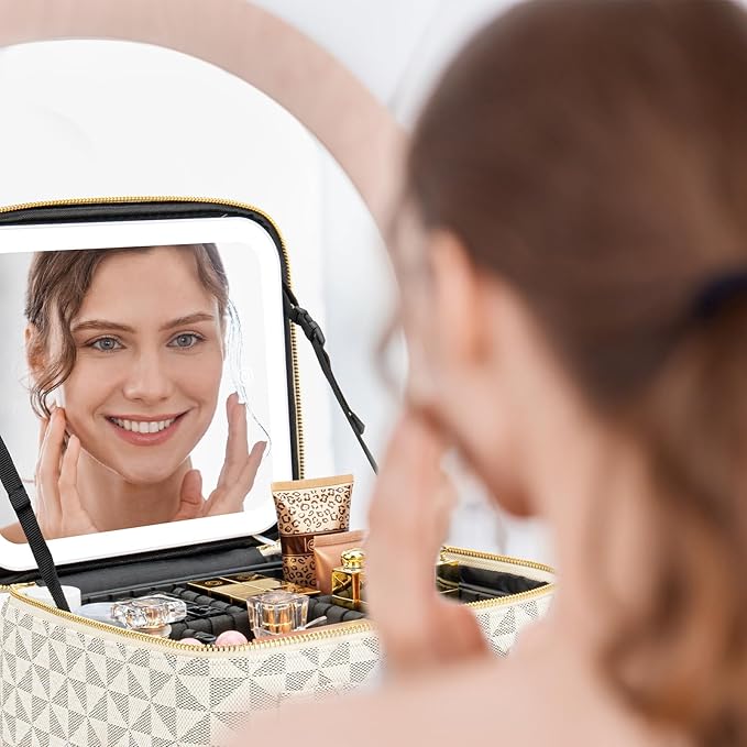 Makeup Travel Train Case with Mirror LED Light 3 Adjustable Brightness Cosmetic Bag Portable Storage Adjustable Partition Waterproof Makeup Brushes Makeup Jewelry Gift for Women