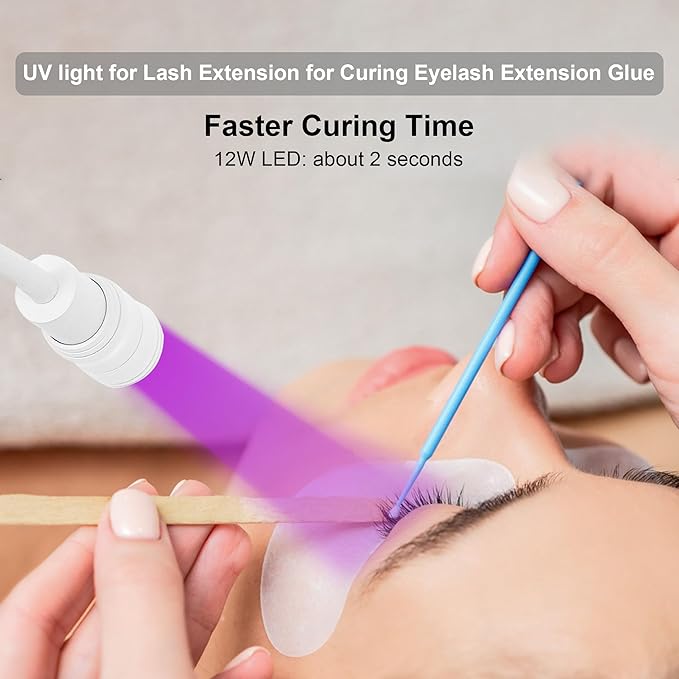 12W UV Lash Light with Foot Pedal, Rapid Dry in 2 Seconds Lash Lamp for Eyelash Extension Grafting Eyebrow Beauty Salon, Adjustable Angle and Light Spot Size, Lash Lamp for Eyelash Tech (White)
