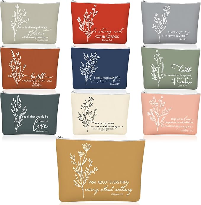 10Pcs Christian Gifts for Women Religious Cosmetic Bags Inspirational Bible Verse Pencil Pouch Canvas Makeup Bags Bulk with Zipper for Mother Sister Church Favors