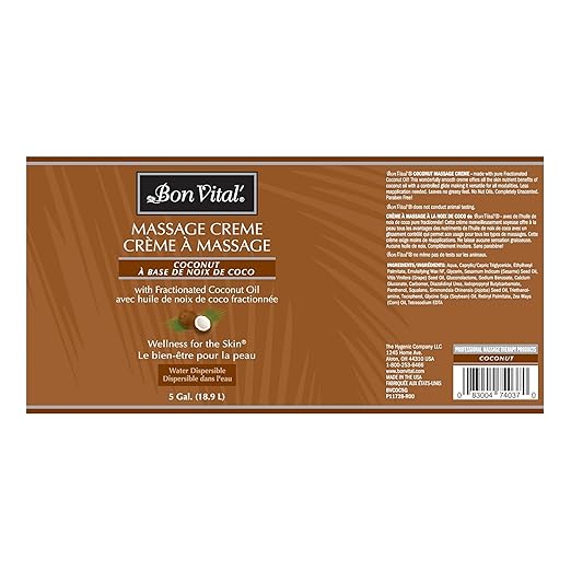 Bon Vital' Coconut Massage Creme Made with 100% Pure Fractionated Coconut Oil, Massage Cream & Moisturizer to Repair Dry Skin, No Greasy Feel, Anti-Aging Cream for Professional Massage, 5 Gallon Pail