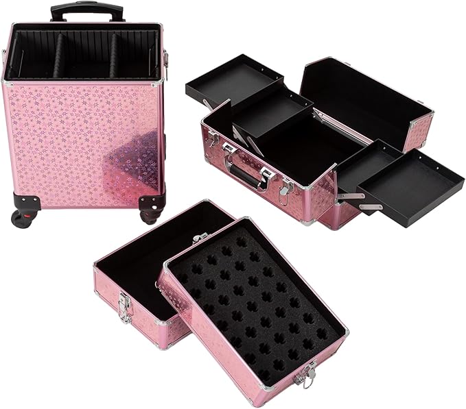 4 in 1 Portable Traveling Aluminum Professional Makeup Trolley Cart with Multiple-Sized Compartments and Wheels (pink with star)