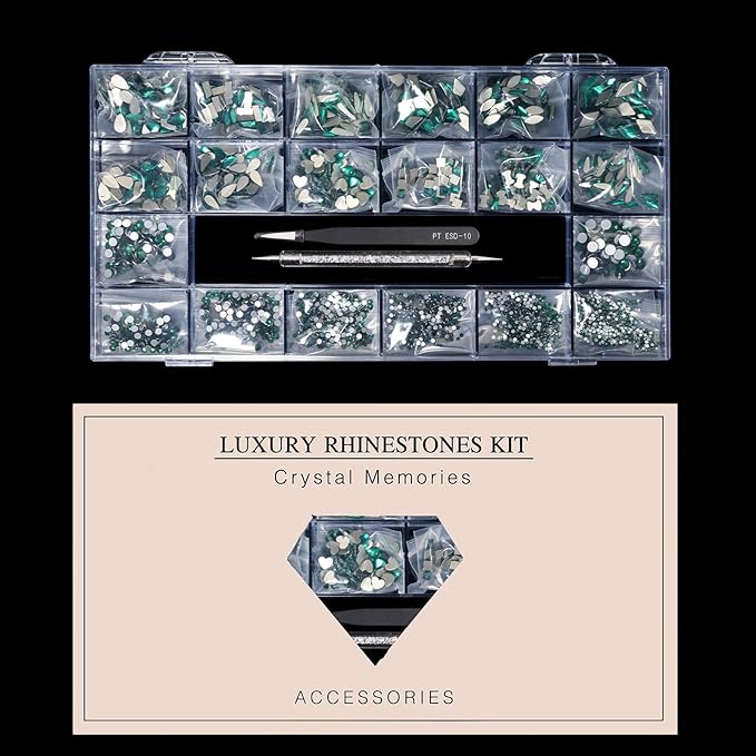 12 Types of Green 600 Diamonds + 2500 Flat Rhinestones Mix 20 Styles Flatback DIY Crafts Rhinestone Crystals 3D Decorations Flat Back Stones Set +Tweezers + Drill Pen