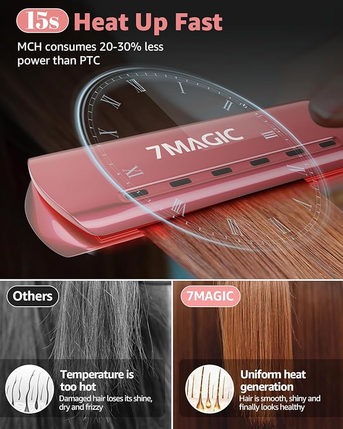 7MAGIC 1.7" Wide Hair Straightener, Nano Titanium Flat Iron for Wet & Dry Hair, Flat Iron Hair Straightener with 5 Temp, MCH Fast Straightening Iron, Hair Iron with Dual Voltage, Pink