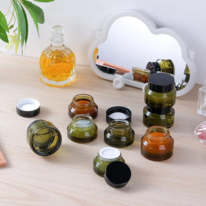 12 pack Glass Cosmetic Jars with Lids Small Lotion Containers for Traveling Green Empty Skincare Container for Face Cream Toiletries Makeup (1oz)