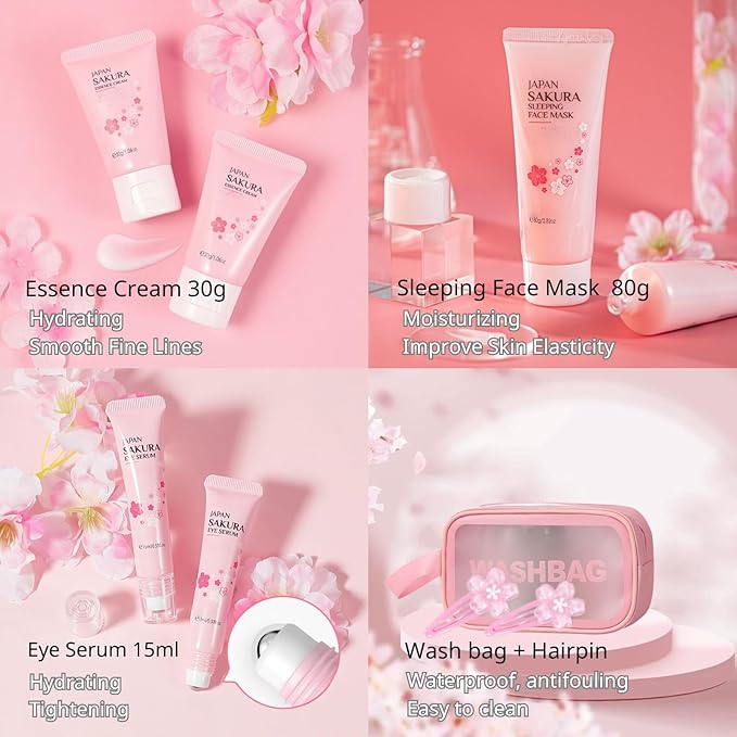 Sakura Skincare Set - Mother's Day Gift Basket - Skincare for Girls 10-12 - Skin Care for Teens 10-12 - Travel Kit for Women - Gift Set for Women with Eye Serum,Face Cream(One Size, 5PCS Sakura Scent)