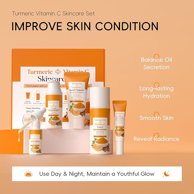 Skin Care Set, Turmeric Skincare Set for Acne Treament, Facial Turmeric Skin Care Sets & Kits for Teenage Girls with Turmeric Cleanser,Serum,Cream,Toner,Eye Cream, Facial Beauty Skincare Gifts