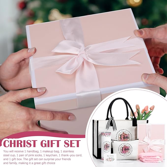 Paterr 7 Pcs Christian Gift for Women Include 20 oz Stainless Steel Tumbler Inspirational Religious Tote Bag Makeup Bag Socks Keychain Thank You Card Christian Birthday Gifts for Women(I Am)