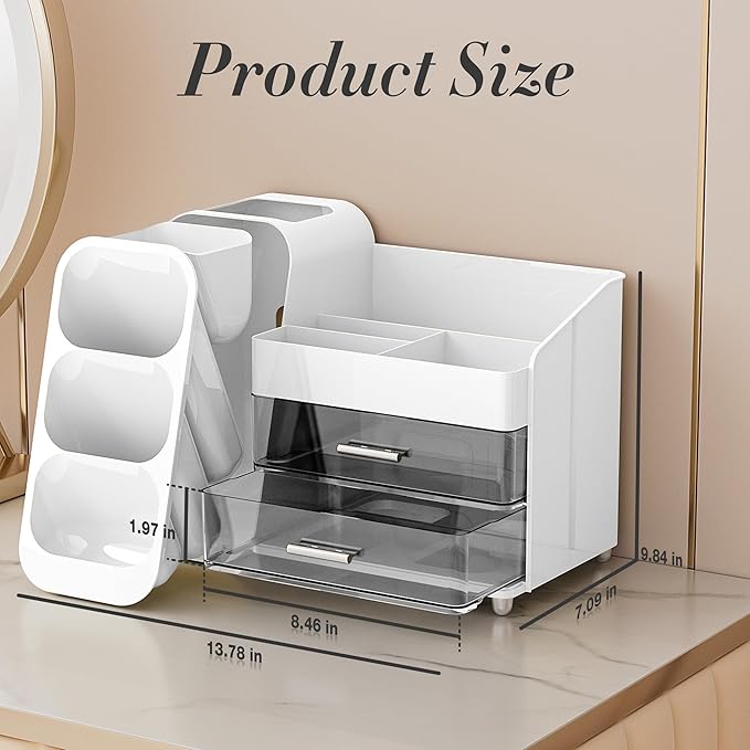 Delamu Makeup Organizer with Drawers for Vanity, Spacious Cosmetic Display Case with Makeup Brush Holder, Perfect Vanity Bathroom Organizer and Storage Solution for Skincare & Beauty Essentials, White