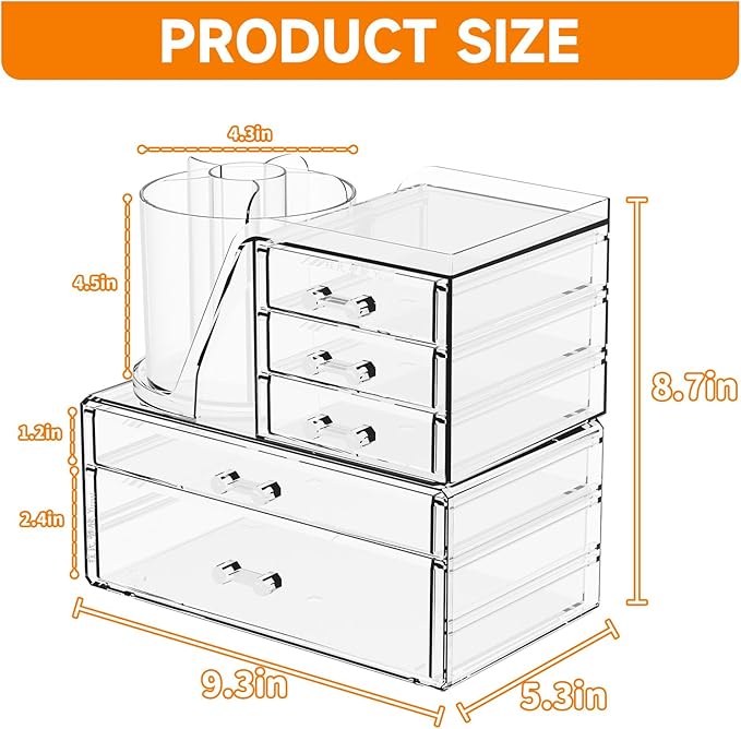 Clear Acrylic Makeup Organizers for Countertop & Vanity,2 Pack Cosmetic Storage Organizer with Brush Holder,Cute Makeup Holder and Make up Containers for Dresser Top,Dorm,Bathroom Skincare Organizer