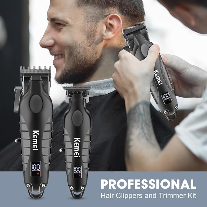 Kemei Hair Clipper and Trimmer Set Professional Cordless Hair Clipper for Men Electric Beard Trimmers Barber Hair Cuttings Kit, T Blade Trimmers for Men with LCD Display, KM-2290,KM-2293