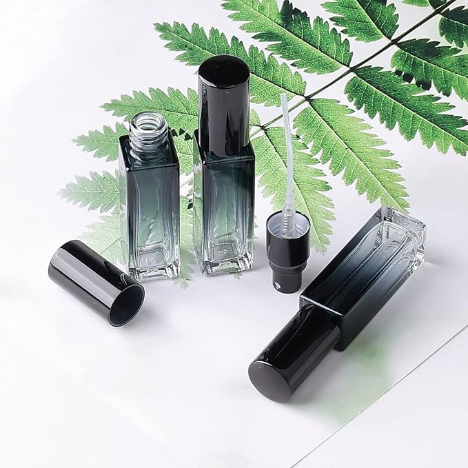 45pcs 10ml Mini Square Spray Bottle Glass Empty Spray Refillable Perfume Bottle Fine Mist Liquid Dispenser for Makeup Skin Care (Black Cap)