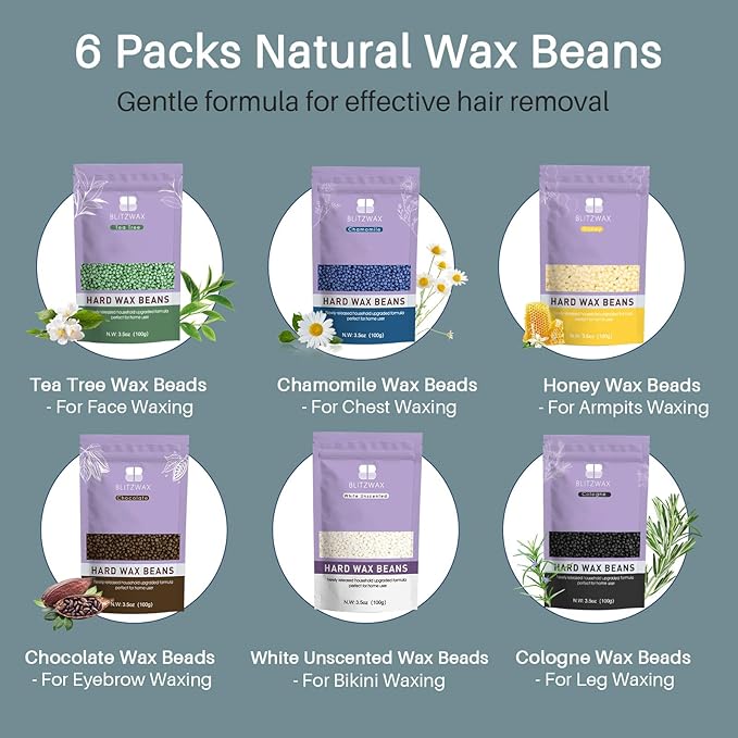 BLITZWAX Back and Nose Waxing Kit for Men, Hard Wax Warmer for Brazilian, Body and Face, At Home Hair Removal Kit, Beginner Friendly, Quick Heating, 93 Accessories, Blue Spruce