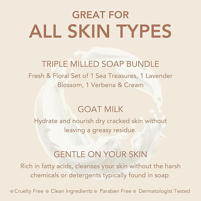 Dionis Goat Milk Skincare Bar Hand Soap, Shea Butter & Olive Oil Nourish, Moisturize, & Restore, For All Skin Types, Non Greasy, No Residue, Fresh & Floral Scents, Bundle Of 3 Moisturizing Bars