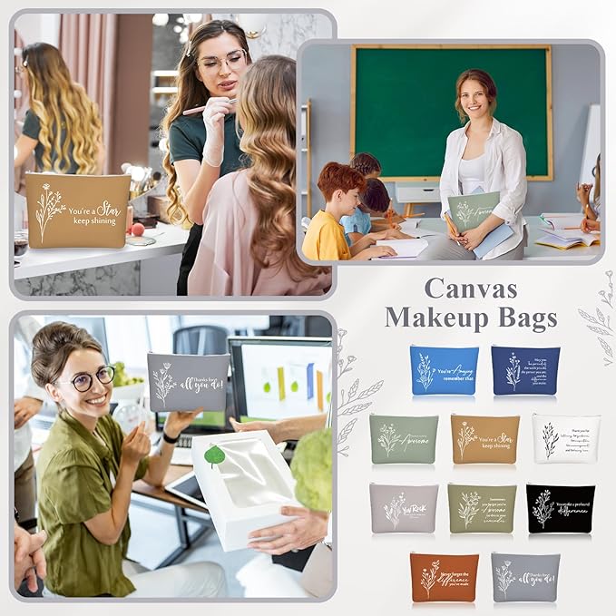 Sieral 20 Pcs Canvas Makeup Bags Bulk Inspirational Cosmetic Bag Pouch with Zipper for Women Employee Appreciation Thank You Gifts for Volunteer Teacher Nurse Assistant Mom Gifts(Boho Flower)