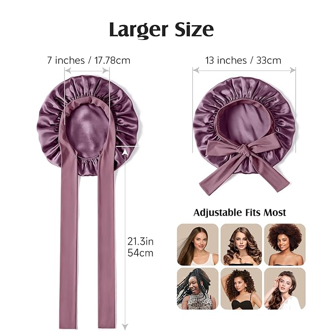YFONG 100% 22 Momme Mulberry Silk Bonnet for Sleeping Women, Larger Double Layer Silk Hair Wrap for Curly Short Long Hair, Non-Slip Sleep Cap Turban with Elastic Tie Band for Hair Care, Purple