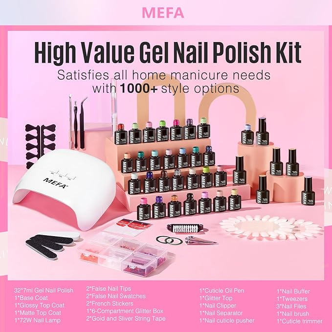 MEFA 32 Colors Gel Nail Polish Kit with U V Light, Spring Bright Pastel 54Pcs Pink Gel Polish Nail Set with Matte/Glossy Base Top Coat Essential Manicure Tools Nails Art Decorations Women Gifts
