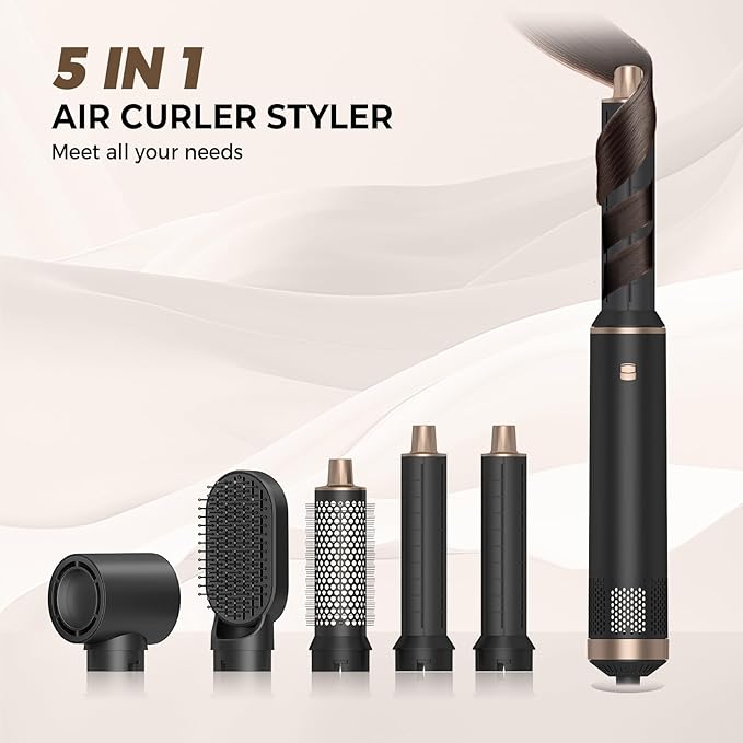 5 in 1 Hair Dryer Brush Hot Air Curling Brush Negative Ion Air Styler,Multi Function Blow Dryer Brush with Curling Wand, Straightening Brush, and Volumizing Hot Air Brush for All Hair Types(Black)