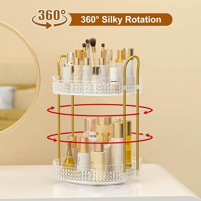 360 Rotating Makeup Organizer 2 Tier, Large Skincare Clear Make Up Storage Spinning Perfume Organizers for Bathroom Counter Dresser, White