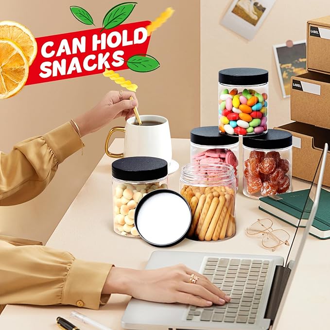 48 PCS 8 OZ Plastic Jars with Screw On Lids, Pen and Labels Refillable Empty Round Slime Cosmetics Containers for Storing Dry Food, Makeup, Slime, Honey Jam, Cream, Butter, Lotion, black