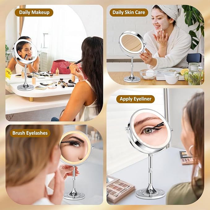8" Lighted Makeup Mirror,1X/10X 4000mAh Rechargeable Double Sided HD Magnifying Mirror with 3 Colors Stepless Dimming,360°Rotation Touch Screen Vanity Mirror with Memory Function,Women Gift