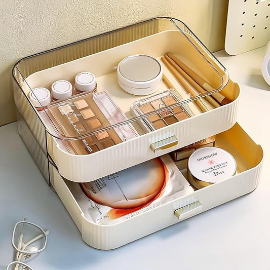 2 Pack Stackable Makeup Organizer with Drawers, Bathroom Storage for Eyeshadow Palettes, Cosmetics, and Beauty Supplies. Ideal for Vanity Counter, Cabinet, Entryway Table, Desk